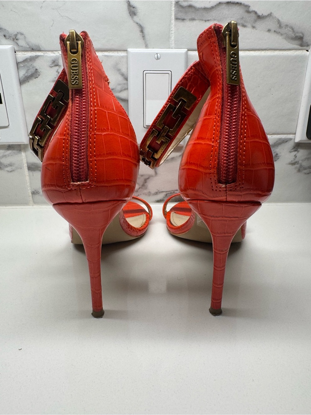 GUESS Kaida Croc-Embossed Stiletto Sandals with Gold Chain Ankle Straps